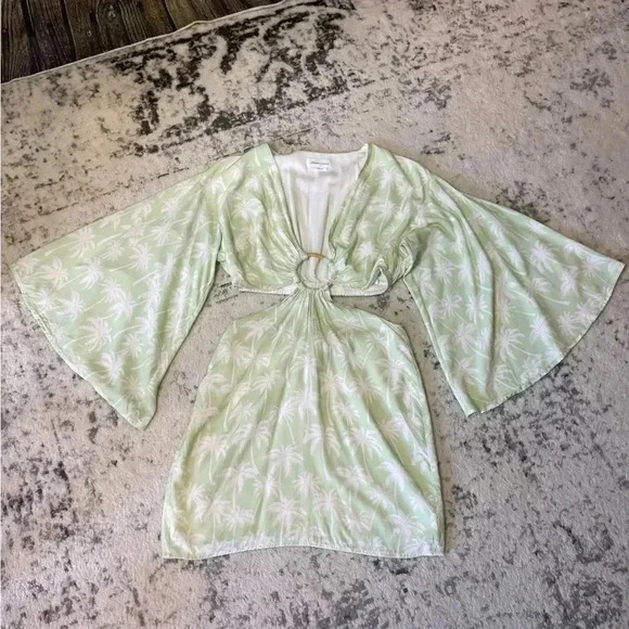 Lovers + Friends S Maysa Kimono Dress Palm Tree Print Green White Rayon Lined Sm - Picture 2 of 10